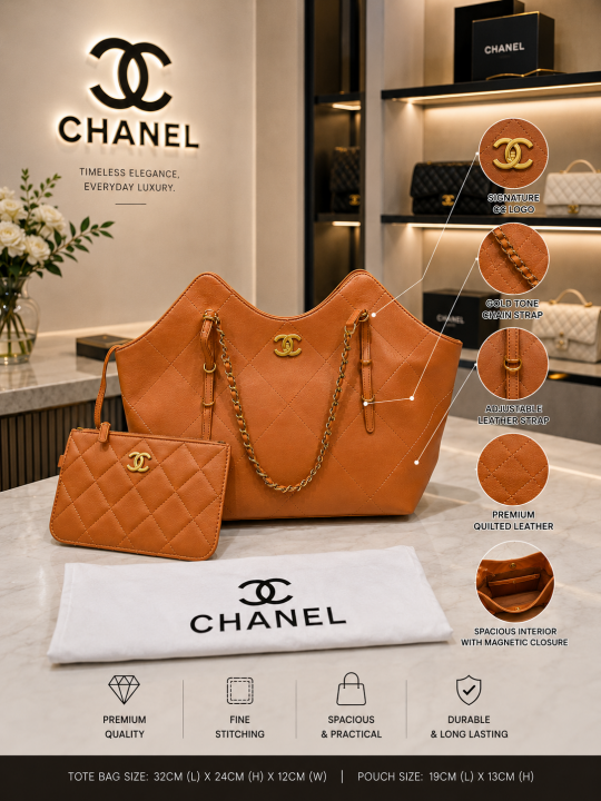 CHANEEL CALFSKIN BROWN TOTE BAG PREMIUM WITH EXTRA POUCH & DUST BAG