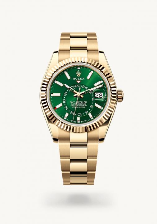 Roleex Sky-Dweller 42mm Yellow Gold Chain Green Dial