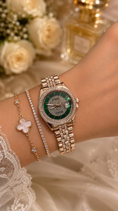 Roleex Women Oyster Perpetual Rosegold Green