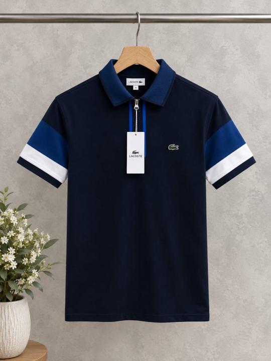 Lacost Black Premium Cotton Pique fabric Polo Tshirt with Front Design and Embroidered Logo 3538
