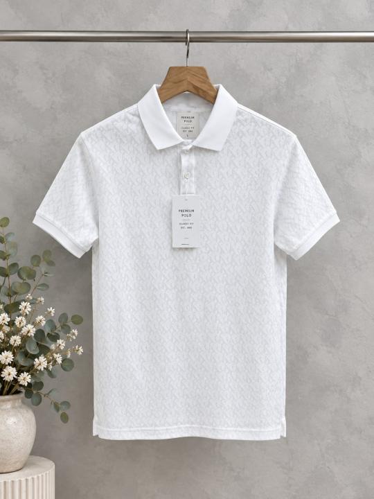 Calvin Klei White Premium 240 gsm interlock compact cotton fabric Polo Tshirt with Allover Monogram Print 3737
