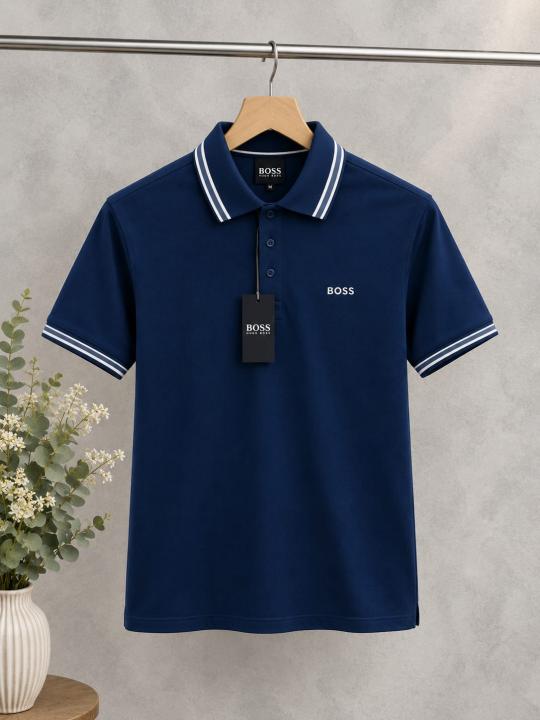 Hugo Bos  Blue Premium Imported Compact Yarn 240 GSM Interlock Fabric Polo Tshirt with Collar Design and Emboss Logo Sale Offer 3354