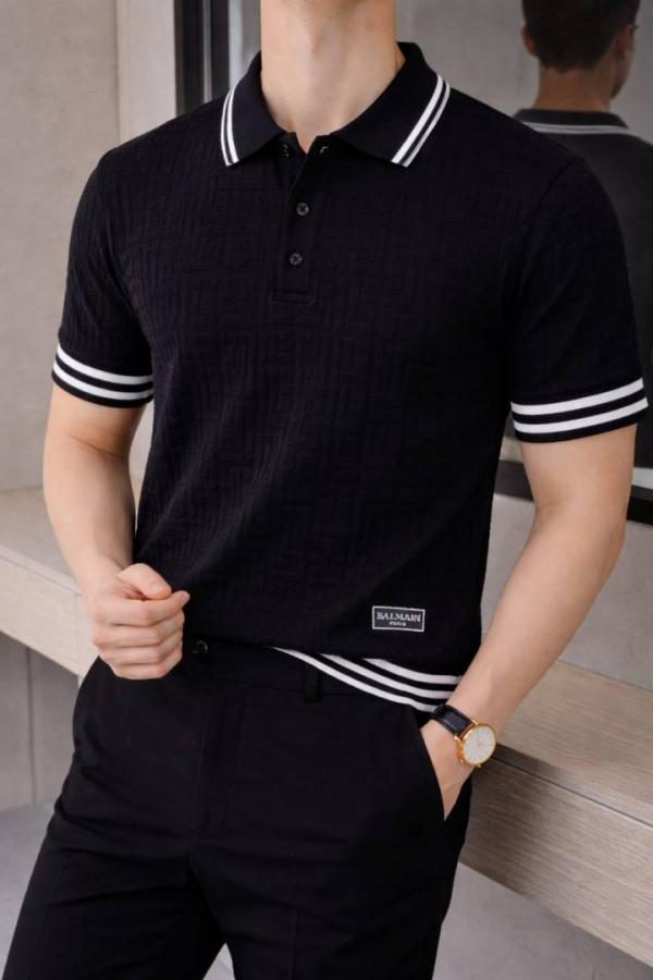 Balmai  Paris Black Imported knitted Premium Collar Neck Polo T-shirt F3515-BL
