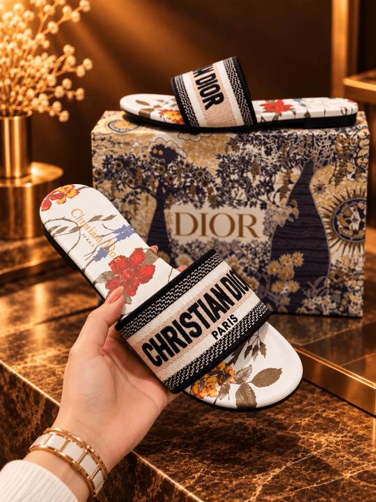 Christian Dioor Dway Slide With OG Box & Carry Bag (Flower - 1083)