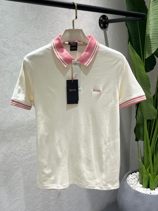 Hugo Bos Cream Premium Imported Compact Yarn 240 GSM Interlock Fabric Polo Tshirt with Collar design with Embroidered logo 4622