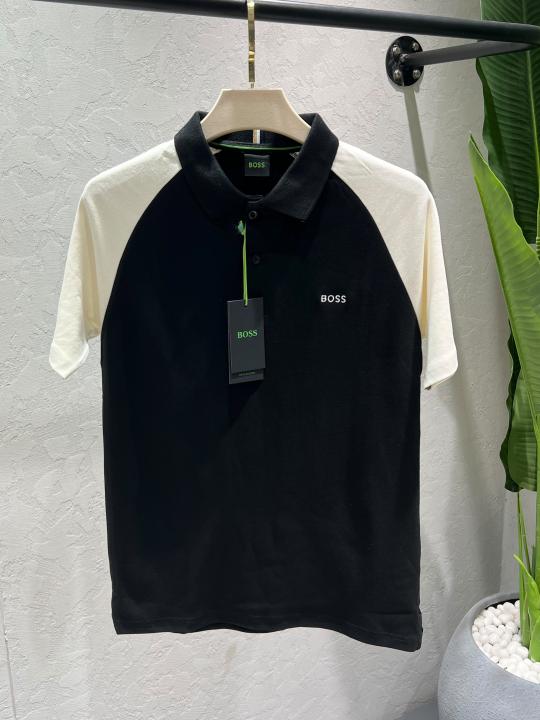 Hugo Bos Black Premium Imported Compact Yarn 240 GSM Interlock Fabric Polo Tshirt with Sleeves design with Embroidered logo 4621
