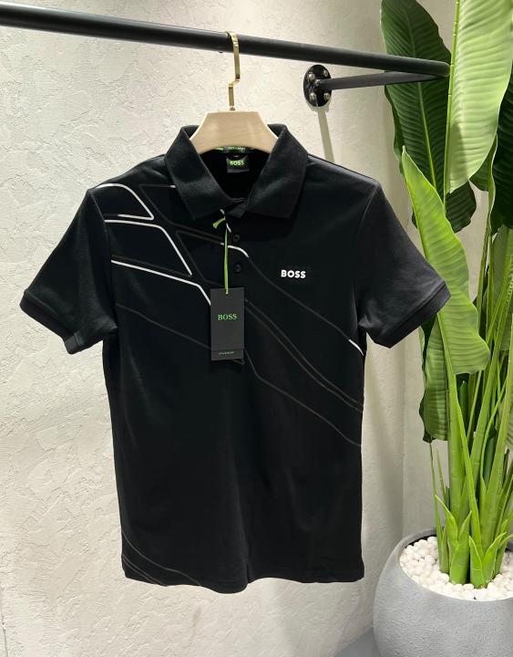 Hugo Bos Black Premium Imported Compact Yarn 240 GSM Interlock Fabric Polo Tshirt with Front design with Emboss logo 4623