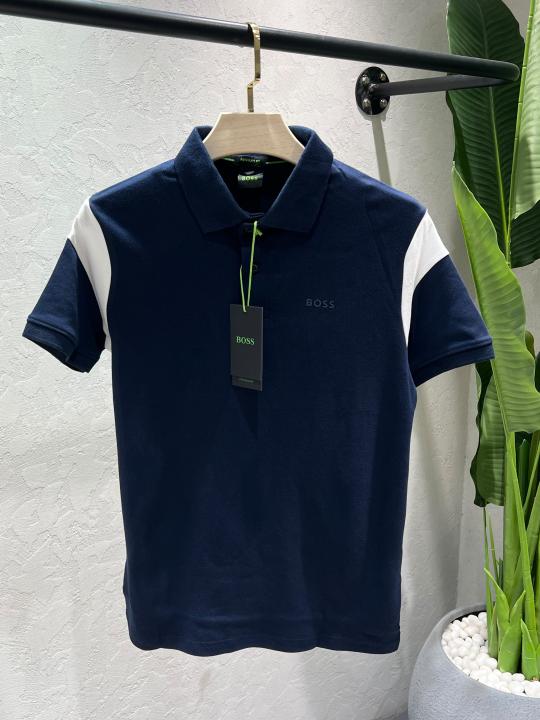 Hugo Bos Navy Premium Imported Compact Yarn 240 GSM Interlock Fabric Polo Tshirt with Sleeves design with Emboss logo 4617