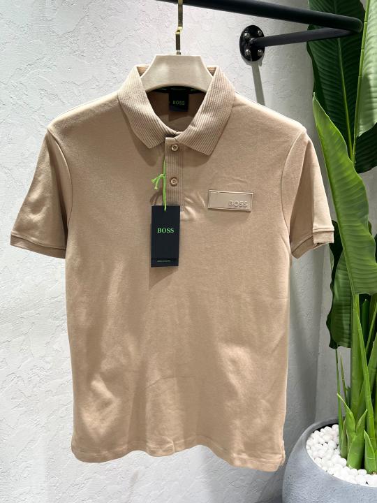 Hugo Bos Beige Premium Imported Compact Yarn 240 GSM Interlock Fabric Polo Tshirt with Collar design with Patch logo 4619