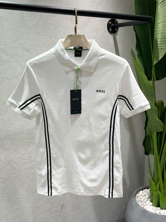 Hugo Bos White Premium Imported Compact Yarn 240 GSM Interlock Fabric Polo Tshirt with Front design with Emboss logo 4618