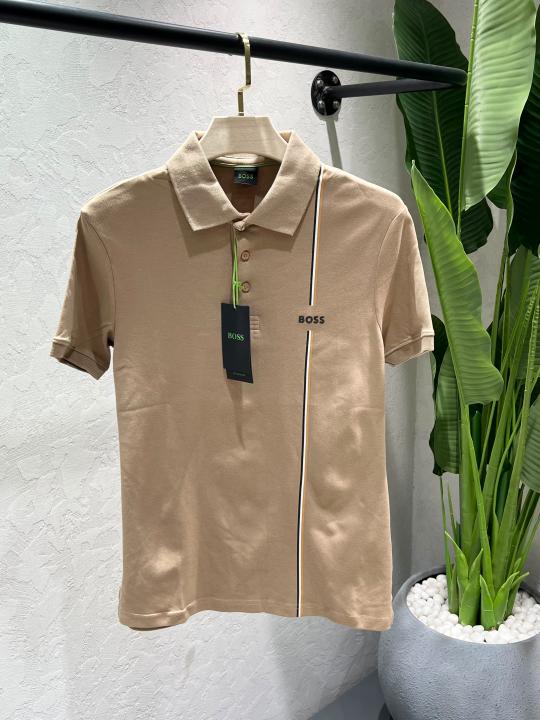 Hugo Bos Beige Premium Imported Compact Yarn 240 GSM Interlock Fabric Polo Tshirt with Front design with Emboss logo 4620