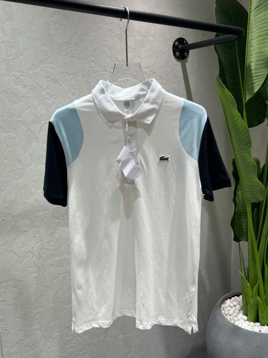 Lacost White Premium Imported Compact Yarn 240 GSM Interlock Fabric Polo Tshirt with Sleeves Design and Embroidered Logo 4610