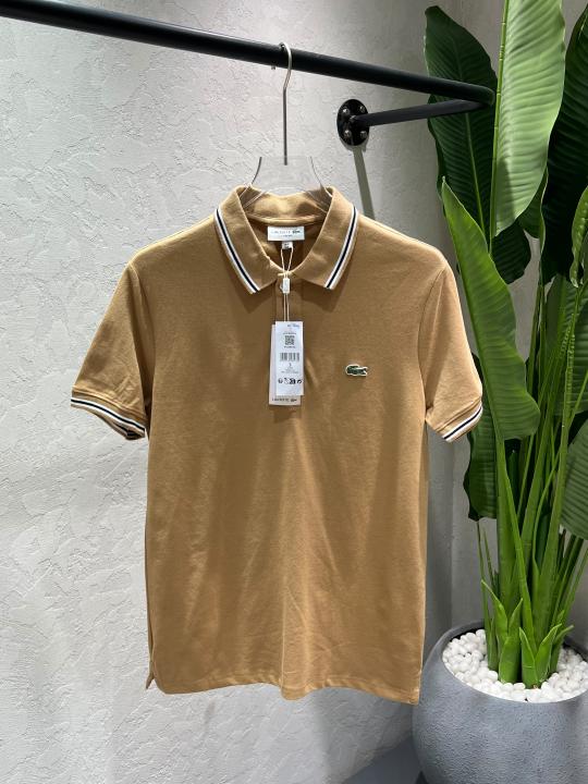 Lacost Beige Premium Imported Compact Yarn 240 GSM Interlock Fabric Polo Tshirt with Collar Design and Embroidered Logo 4609
