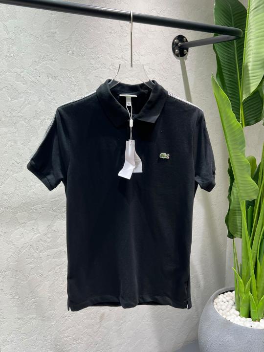 Lacost Black Premium Imported Compact Yarn 240 GSM Interlock Fabric Polo Tshirt with Shoulder Design and Embroidered Logo 4611