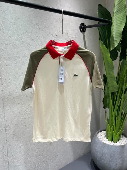 Lacost Cream Premium Imported Compact Yarn 240 GSM Interlock Fabric Polo Tshirt with Sleeves Design and Embroidered Logo 4613
