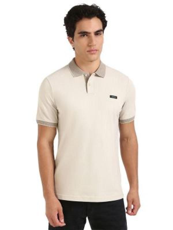 Calvin Kline Cream Premium Cotton Pique fabric Polo Tshirt with Collar Design and Patch Logo 3464