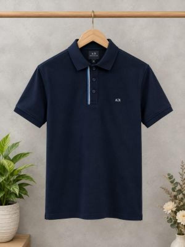 Arma Exchange Navy Premium Cotton Pique fabric Polo Tshirt with Front Design and Embroidered Logo 3975