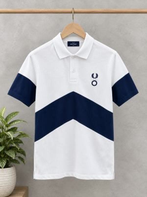 Fred Perr y White Premium Cotton Pique fabric Polo Tshirt with Front Design and Embroidered Logo 3634