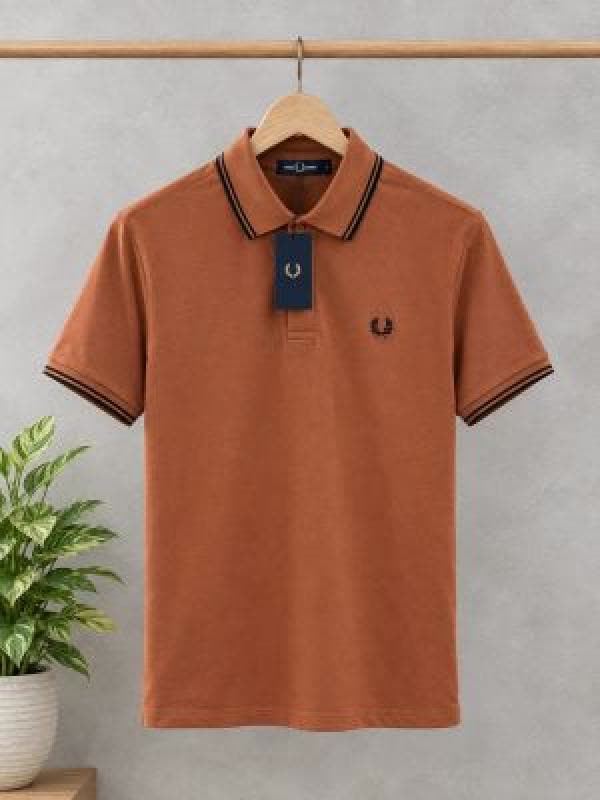Fred Perr y Rust Premium Cotton Pique fabric Polo Tshirt with Sleeves Design and Embroidered Logo 4236