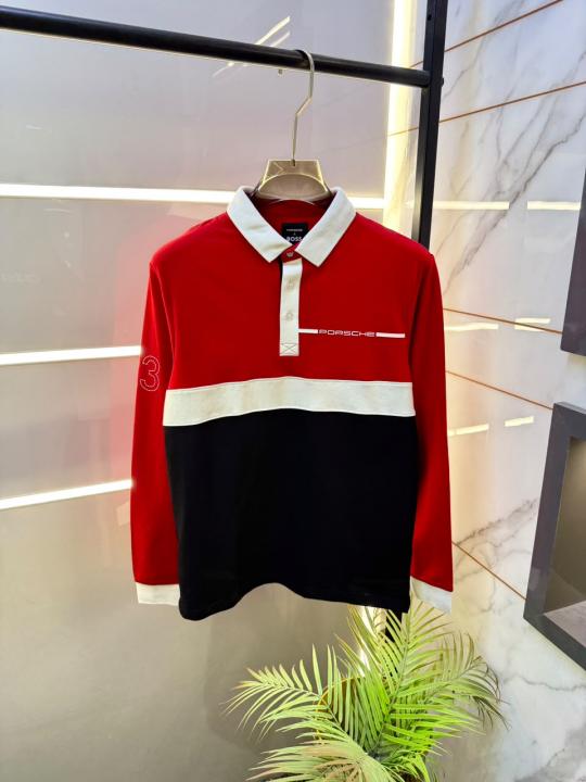 Boss x Porsche Edition Red Polo Neck Full Sleeves Premium Collar T-shirt F5125-RE