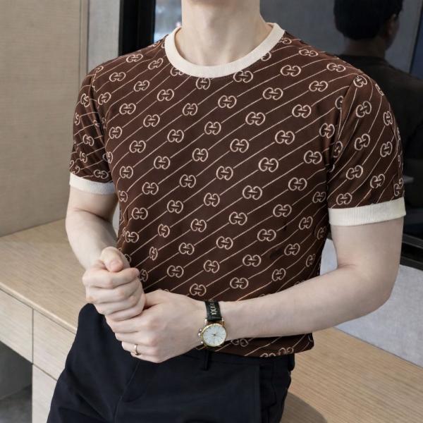 Gucc Monogram Imported Brown knitted Super Premium Round Neck T-shirt F3511-BR