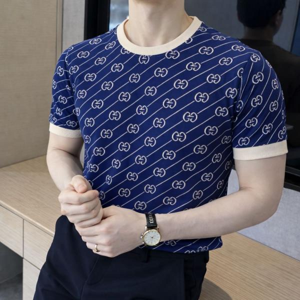 Gucc Monogram Imported Navy knitted Super Premium Round Neck T-shirt F3511-NY