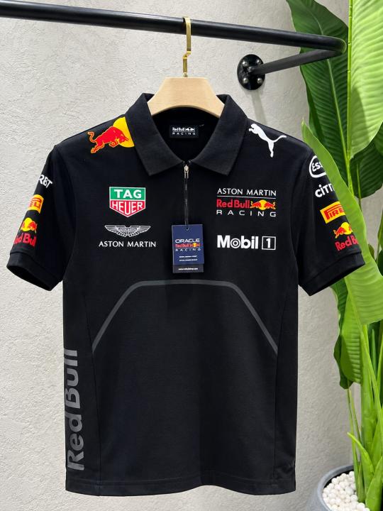 Redbul Black Premium Imported Compact Yarn 240 GSM Pique Fabric Polo Tshirt with Front Design and Emboss Logo 4629