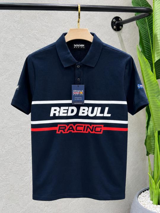 Redbul Navy Premium Imported Compact Yarn 240 GSM Pique Fabric Polo Tshirt with Front Design and Emboss Logo 4627