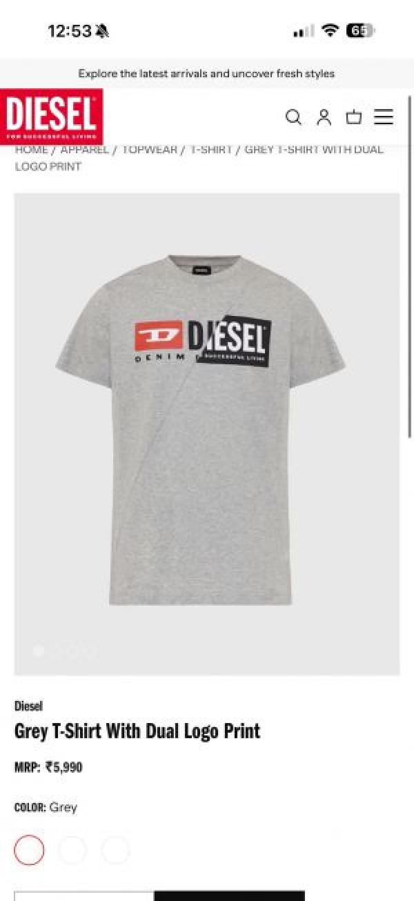 Diesal Middle Brand Print Round Neck T-shirt Grey