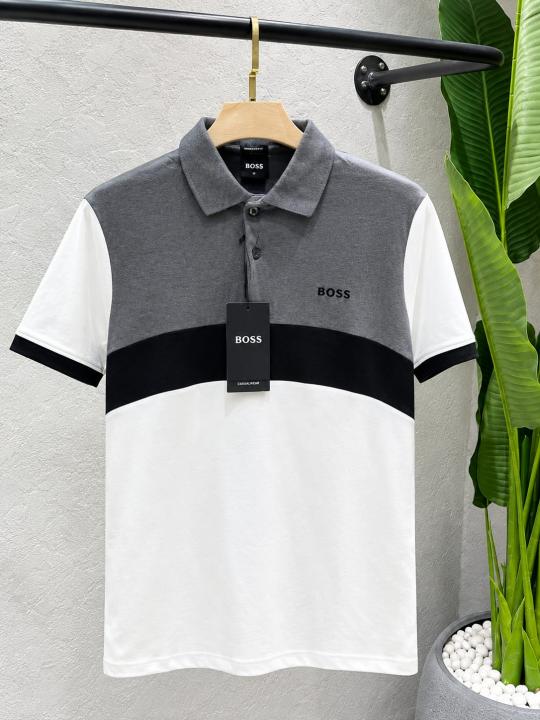 Hugo Bos Grey Premium Imported Compact Yarn 240 GSM Interlock Fabric Polo Tshirt with Front design with Emboss logo 4616