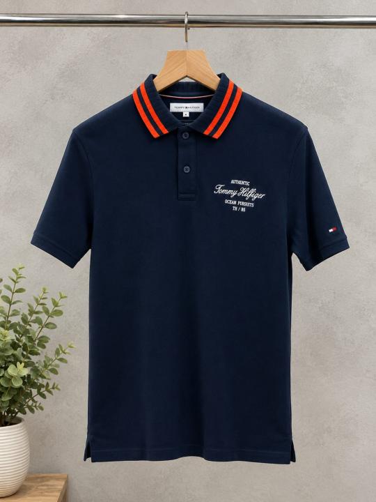 Tommy Navy Imported 240 GSM Interlock Lycra Fabric Polo Tshirt with Collar Design and Embroidered Logo 4387