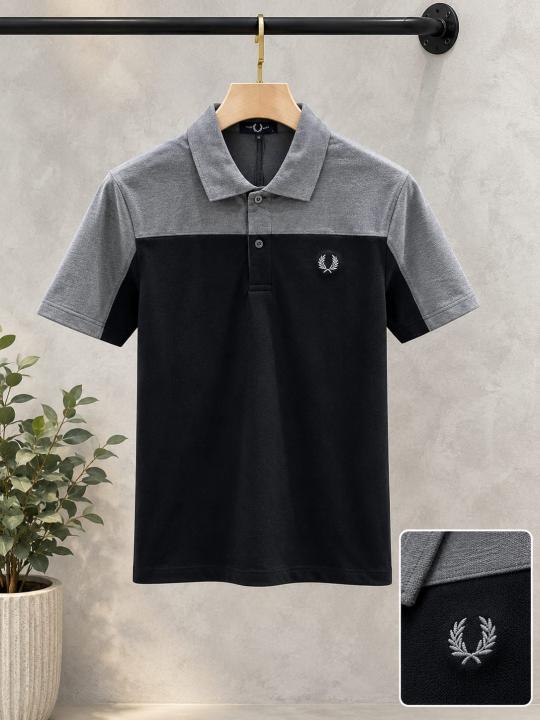 Fred Perr Grey Black Premium Imported Compact Yarn 240 GSM Pique Fabric Polo Tshirt with Front Design and Embroidered Logo 4624