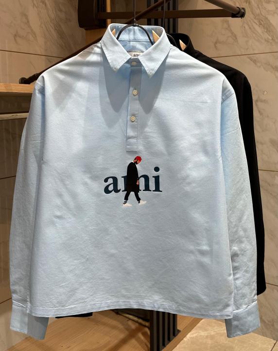 AMI FULL SLEEVES POLO NECK T-SHIRTS BLUE