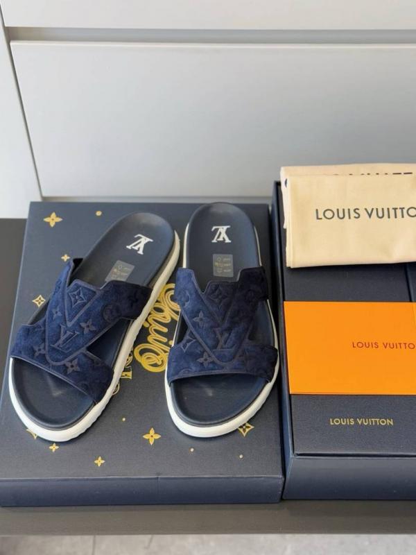 Louii Svuitton Monogram Suede Riviera Flat Mules In Navy Blue.