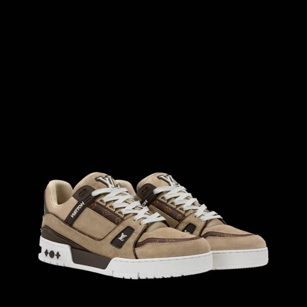 LV Trainer Sneaker  Beige Suede Calf Leather  Iconic Monogram Canvas Premium Sneakers