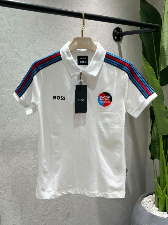 Boss x Porsch e White Premium Cotton Lycra Pique fabric Polo Tshirt with Shoulder Design and Emboss Logo 4415