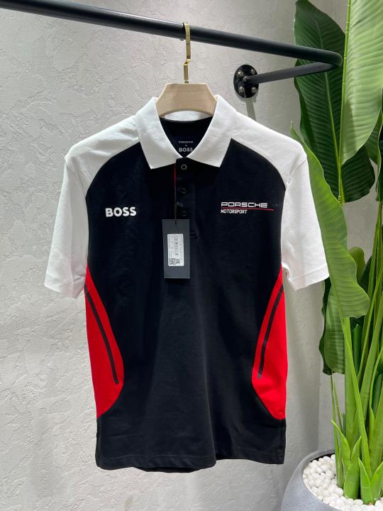Boss x Porsch e Black Premium Cotton Lycra Pique fabric Polo Tshirt with Front Design and Emboss Logo 4416