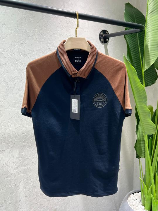 Boss x Porsch e Navy Premium Cotton Lycra Pique fabric Polo Tshirt with Front Design and Patch Logo 4377