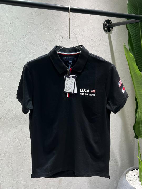Tommy Hilfige Black Premium Cotton Lycra Pique fabric Polo Tshirt with Shoulder Design and Patch logo with zip style 4373