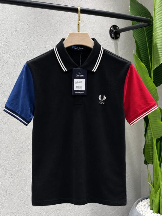 Fred Perr y Black Premium Cotton Pique fabric Polo Tshirt with Shoulder Design and Embroidered Logo 4234