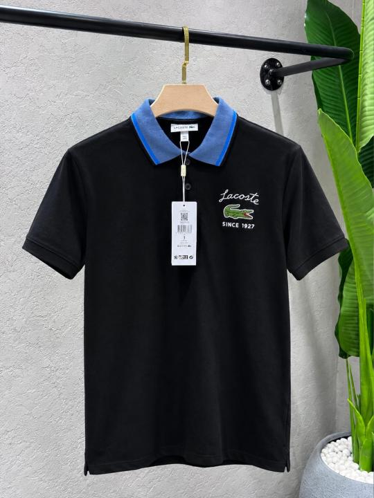 Lacost Black Premium Cotton Lycra Pique fabric Polo Tshirt with Collar Design and Embroidered Logo 4411