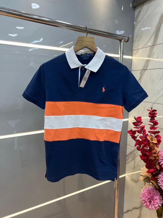 Ralp Lauren Blue Premium Imported 240 GSM Interlock Lycra Fabric Polo Tshirt with Front Design and Embroidered Logo 4137