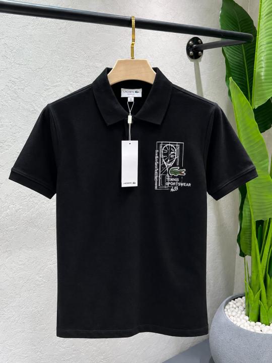Lacost Black Premium Cotton Pique fabric Polo Tshirt with Front Design and Embroidered Logo 4514