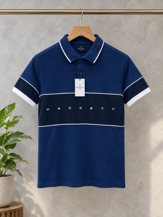Hacket BlueNavy Premium Imported Compact Yarn 240 GSM Interlock Fabric Polo Tshirt with Sleeves Design and Front Logo 4297