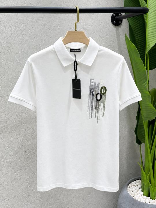 Emporio Arma White Premium Imported 240 GSM Interlock Lycra Fabric Polo Tshirt with Front Embroidered Style Design Logo 4565