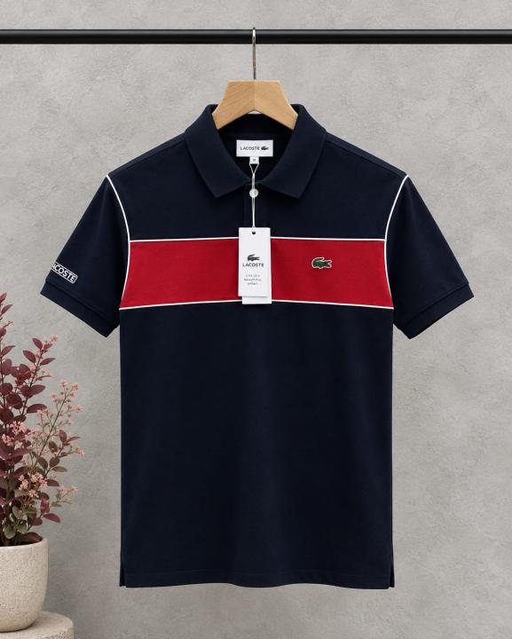 Lacost Black Premium Cotton Pique fabric Polo Tshirt with Front Design and Embroidered Logo 3653