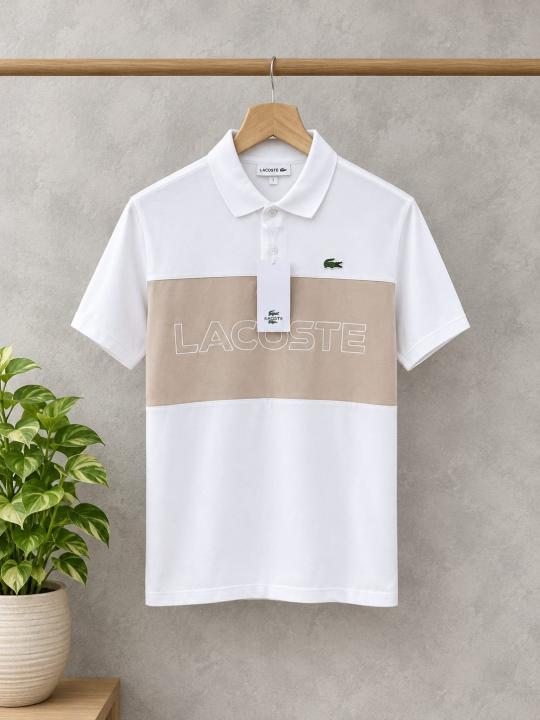 Lacost White Premium Cotton Pique fabric Polo Tshirt with Front Design and Embroidered Logo 3543