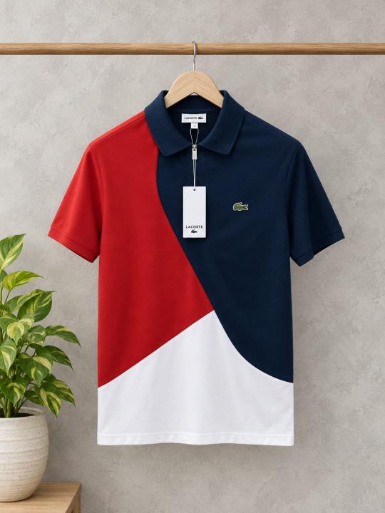 Lacost Navy Premium Cotton Pique fabric Polo Tshirt with Front Design and Embroidered Logo 3545