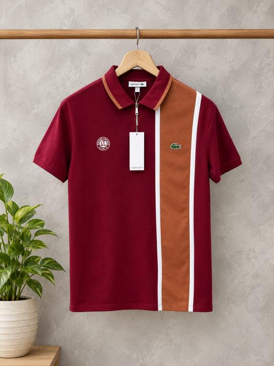 Lacost Maroon Premium Cotton Pique fabric Polo Tshirt with Front Design and Embroidered Logo 3546
