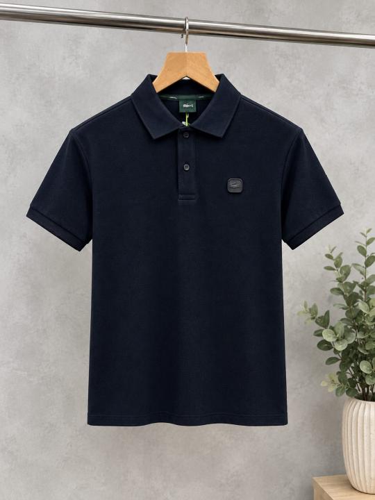 Hugo Bos Black Premium Imported 240 GSM Interlock Lycra Fabric Polo Tshirt with Patch Logo 3964